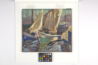 Rybářské lodě v přístavu (kvaš na hnědém papíře) od Carolyn Bradley