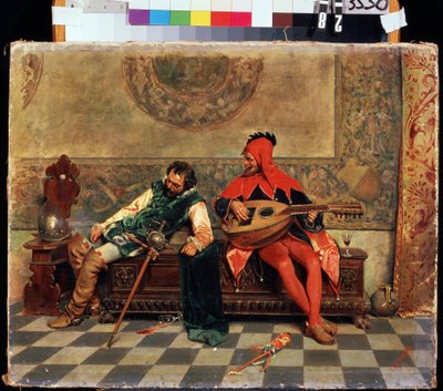 Opilý válečník a dvorní šašek. Obraz Casimiro Tomba (1857-1929). Olej na plátně, 37 x 47 cm. Italské umění 19. století. Muzeum umění M. Kroshitsky, Sevastopol. od Casimiro Tomba