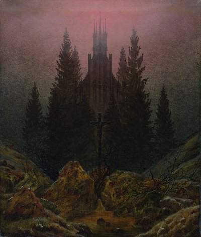 Kříž a katedrála v horách od Caspar David Friedrich