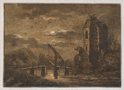 Krajina s padacím mostem a ruinami v měsíčním světle od Caspar David Friedrich