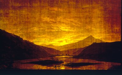 Mountainous River Landscape at Night, 1830-35 (wc a tempera na průhledném papíře) (pár k 242025) od Caspar David Friedrich
