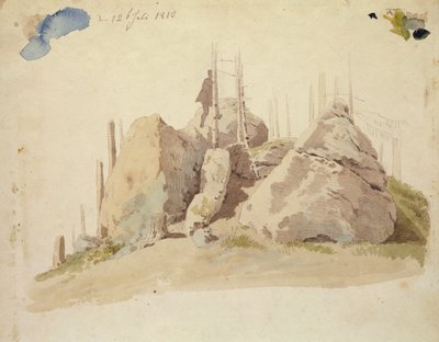 Rock and Tree: nedokončená studie, 12. července 1810 (wc a tužka na papíře) od Caspar David Friedrich