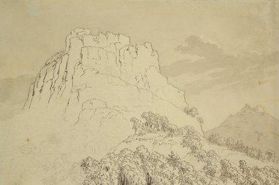 Rocky Hilltop se zalesněným kopcem vpředu (tužka, pero a wc mytí na papíře) od Caspar David Friedrich