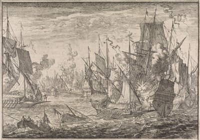 Námořní bitva mezi tureckými válečnými loděmi a galérami maltézských rytířů, 1644 od Caspar Luyken (attributed to)