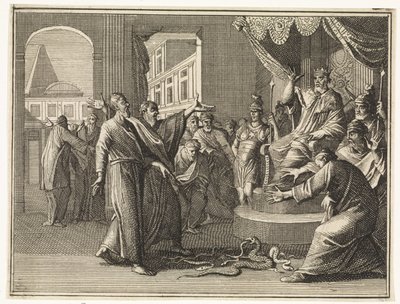 Mojžíšova hůl proměněná v hada pohlcuje hole egyptských kouzelníků od Caspar Luyken