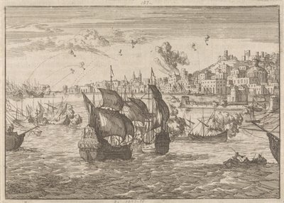 Janov bombardován francouzskou flotilou, 1684 od Caspar Luyken