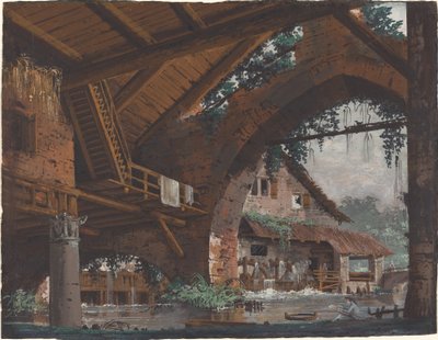Architektonická fantazie antických ruin s vodním mlýnem od Caspar Wolf