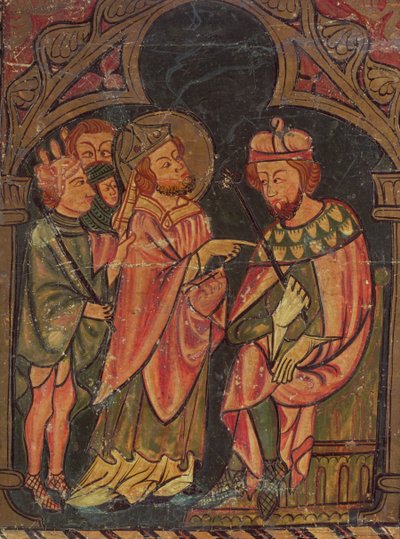 Svatý Cyprián (asi 200-258) biskup z Kartága postavený před císaře Valeriana (r.253-60) 1300-25 od Catalan School