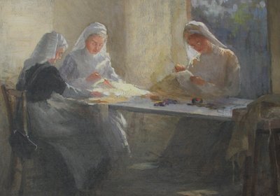 Kensington War Hospital Supply Depot (Kensington Square), Tři sestry sedící u stolu a šití, kolem roku 1916 (olej na plátně) od Catherine Ouless