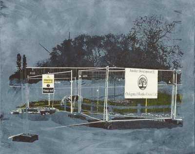 Dopad na krajinu, 2014 (linoryt a lept) od Catherine Sutcliffe Fuller