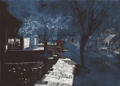 Zvuk hudby na předměstí, 2012 (linoryt a lept) od Catherine Sutcliffe Fuller