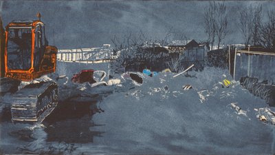 Široké prostranství s 300 mloky, 2014 (linoryt a lept) od Catherine Sutcliffe Fuller