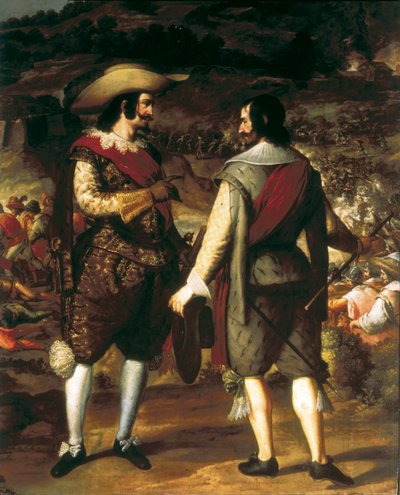 Zajetí San Juan v Portoriku (Portoriko) (1625). Detail. V popředí mluví Don Juan de Haro se svým asistentem. Za ním pevnost hlídaná Španěly, kteří donutí Holanďany odejít. Obraz Eugenio Caxes nebo Cajes (1577-1634) od Caxesi or Caxete Eugenio Caxes