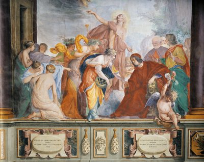 Lorenzo empfängt die Musen und Tugenden, begleitet von Apollo in Florenz, von Francesco Montelatici, Fresko von Cecco  Bravo