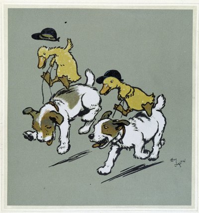 Kachna dělá „“jízdu na koni““ na psech – v „“Veselé párty“, nemoc. Cécil Aldin, ed. Hodder & Stoughton, Londýn od Cecil Charles Windsor Aldin