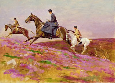 Lady Currie se svými syny Billem a Hamishem Hunting on Exmoor (olej na plátně) od Cecil Charles Windsor Aldin