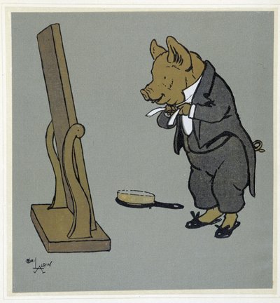 Prase, které se upravuje, upravuje si uzel na kravatě před zrcadlem - ve „Veselé párty“, nemocný. od Cecil Aldin, ed. Hodder & Stoughton, Londýn od Cecil Charles Windsor Aldin