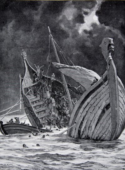 Ztráta Bílé lodi v roce 1120, ilustrace z „Hutchinsonova příběhu britského národa“, kolem roku 1923 od Cecil King