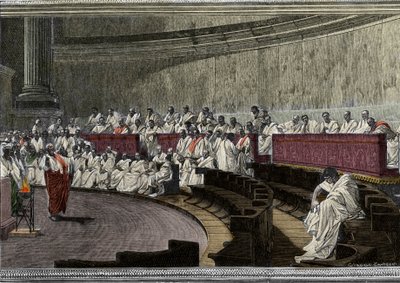 Ciceron odsuzuje spiklence Catilina (Lucius Sergius Catilina) (108-62 př.nl) dne 8. listopadu 63 př.nl, Scéna deroule v Římě v Senátu, vyrytá po fresce vytvořené mezi lety 1882 a 1888 Cesare Maccari (1840-1919). Řím Palazzo Madama. od Cesare (after) Maccari