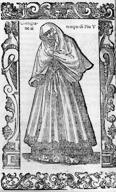 Renesance: kurtizána v době papeže Pia V. (1566-1572). Rytina z „“Moderních a starověkých kostýmů“” od Cesare Vecellia od Cesare (attr. to) Vecellio