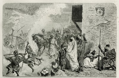 Mladý chlapec triumfálně nosí při návratu obřízky, uprostřed davu, který střílí výstřely do vzduchu, zatímco křičí a znovu si užívá, rytina C.Biseo pro ilustraci příběhu Le Maroc od Edmonda de Amicis , v od Cesare Biseo