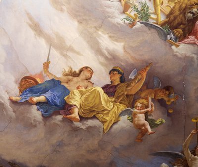Detail z Alegorie Itálie, freska Cesare Mariani (1826-1901), strop, Síň většiny, Palazzo delle Finanze (Palác financí), Řím. Itálie od Cesare Mariani