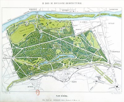 Plán Bois de Boulogne v Paříži, publikoval Caudrilier, 1860 od Ch. Walter