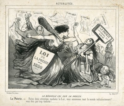 Ilustrace Chama (1819-1879) v Le Charivari, asi 1850-4-3 - Nový zákon o tisku - Cenzura, Tisk/Média, Loi - Proudhon Pierre-Joseph (1809-1965), Girardin Emile de (1806-1881) - Alegorie od Amédée de Noé