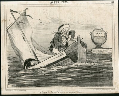 Ilustrace Chama (1819-1879) v Le Charivari, cca 1850 - Princ z Joinville má špatného pilota - Volby, prezident republiky, Maritime Marine Nautique Balneaire - Thiers Adolphe, Francois d