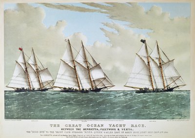 Great Ocean Yacht Race z roku 1866 mezi Henrietta, Vesta a Fleetwing, publikoval Currier & Ives od Charles (after) Parsons