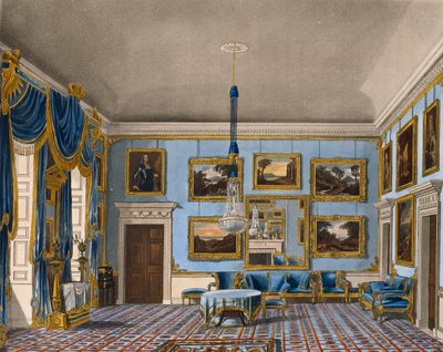 Modrý sametový sál, rytina Daniel Havell (1785-1826), Podle návrhu Charlese Wilda (1781-1835), Z historie královských sídel od Charles (after) Wild