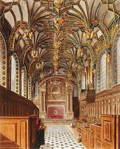 Kaple, Hampton Court, z „Dějiny královských sídel“, vyryla Richard Reeve (nar. 1780), William Henry Pyne (1769-1843) od Charles (after) Wild