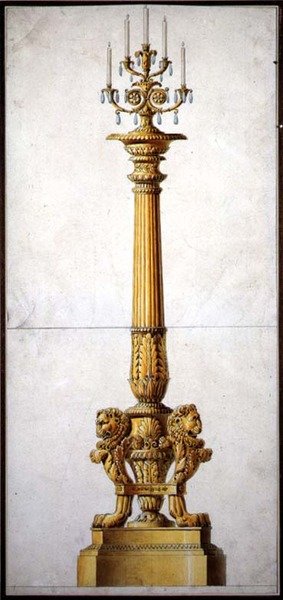 Návrh novoklasicistního svícnu, cca 1820 (pero a tuš s akvarelem na papíře) od Charles (attr. to) Percier