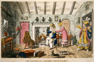 „Kapitán v klášteře otáčí rožni“, deska z „Dobrodružství Johnnyho Newcome in the Navy“ od Johna Mitforda (1782-1831) (barevná akvatinta) od Charles (c.1797 1850) (after) Williams