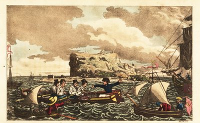 Praporčík Newcome převezen veslicí na HMS Vanguard poblíž Gibraltaru od Charles (c.1797 1850) (after) Williams