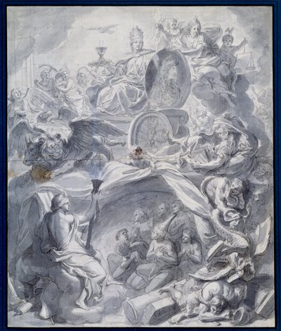 Alegorie: ""Vítězná církev kacířství aneb Triumf náboženství"" Kresba kvaše a mytí dílny Charlese Lebruna (Le Brun) (1619-1690) Paříž 17. století, Musee du Louvre od Charles (studio of ) Le Brun