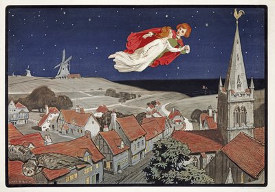 Peter a Wendy Flying from Peter Pan od J M Barrie (1860 - 1937), pub.1904 (barevné lito) od Charles A. Buchel