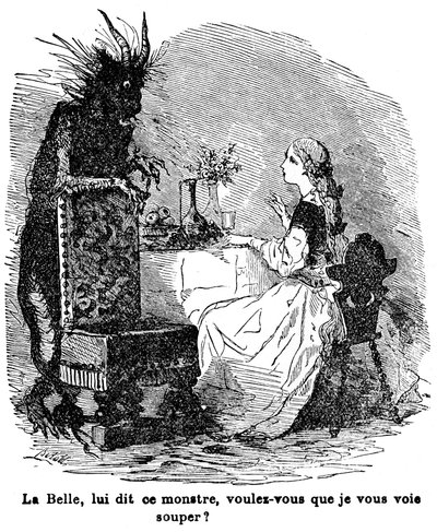 Ilustrace k příběhu paní Jeanne Marie Leprince de Beaumont „Kráska a Bete“, 19. století od Charles Albert dArnoux Bertall