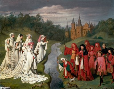 Devět princů a osm princezen z rodu Burgundska od Philippa Hardiho po Karla Temeraire, lov sokola nebo lov vlasce v parku zámku Obraz Charlese Alexandra (Charles-Alexandre) Debacq (1804-1850), po Jan Van Eyck od Charles Alexandre Debacq
