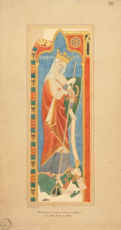 The Virtues Largesce a Debonerete (Largesce) 1819 (akvarel s vyvýšeným zlaceným detailem na papíře) od Charles Alfred Stothard