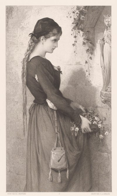 Mladá žena přináší květiny do výklenku se sochou Marie Marguerite (titul na předmětu) od Charles Alphonse Deblois