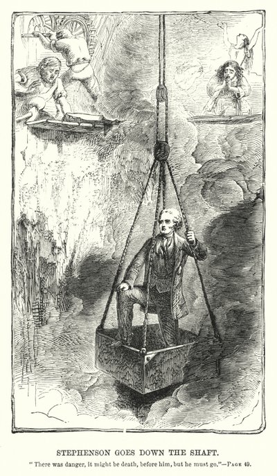 Stephenson jde dolů po šachtě (rytina) od Charles Altamont Doyle