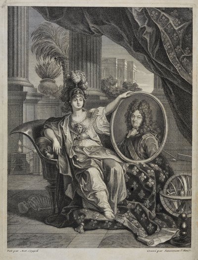 Ludvík XIV. (1638-1715), francouzský král, ochránce věd - rytina Antoina Coypela v „History of the Royal Academy of Sciences““ 1703 od Charles Antoine (after) Coypel