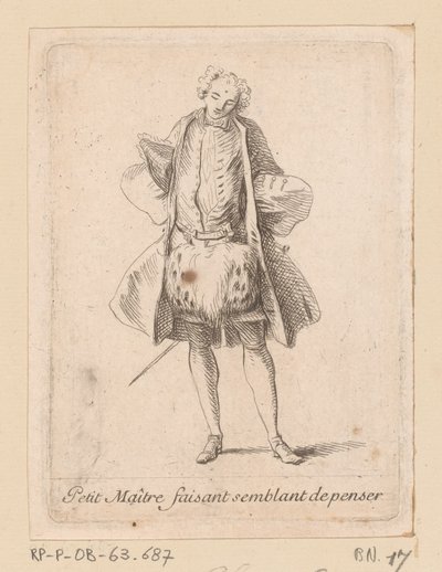 Stojící šlechtic při pohledu zepředu Petit Maître faisant semblant de penser (název na objektu) Figurky režimů (název série) od Charles Antoine Coypel
