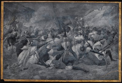 „Porážka egyptské armády pod vedením Hickse Paši silami Mahdího Muhumada Ahmada u El Obeidu“, 5. listopadu 1883 (akvarel en grisaille) od Charles Auguste Loye