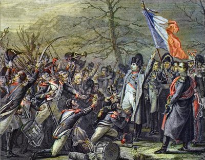 Napoleon se vrací z Elby – rytina po Steubenovi – „“ Návrat Napoleona I. z ostrova Elba, debarque do Cannes 1. března 1815““ od Charles Auguste (after) Steuben