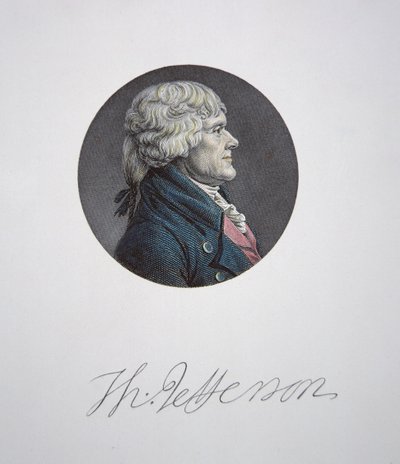 Thomas Jefferson (1743-1826) (barevná rytina) od Charles Balthazar Julien Févret de Saint Mémin