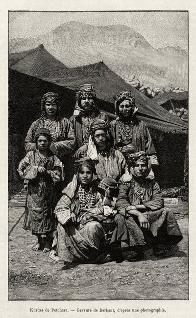 Kurdové z Petchary (Turecko). Barbantova rytina k ilustraci příběhu „Ruskou Arménií, Karabagh, údolím Araxu, masivem Araratu“ od madame B. Chantre v Le tour du Monde 1892, režie Edouard Charton (1807-1891), Hachette, Paříž. od Charles Barbant