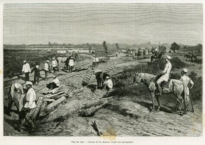 Pokládání transkaspických kolejí. Rytina Ch. Barbant k ilustraci příběhu Voyage a Merv od Edgara Boulangera v le tour du monde 1887, režie Edouard Charton (1807-1890), Hachette, Paříž. od Charles Barbant