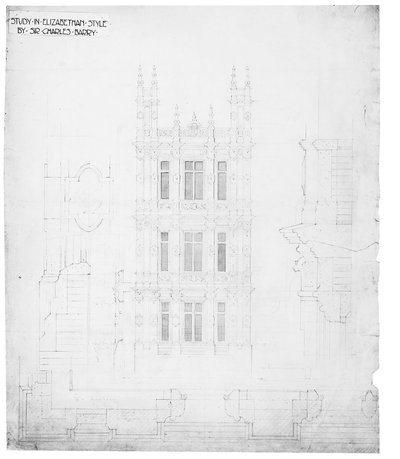 „Studie v alžbětinském stylu“, kresba pro sněmovnu parlamentu, cca 1836-40 (pero a inkoust na papíře) od Charles Barry